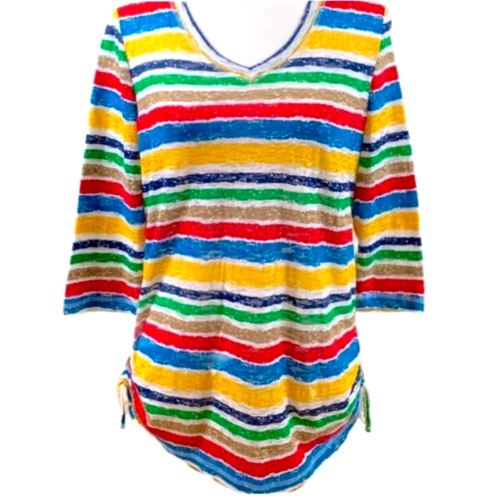 FDJ Lightweight Multi-Color Stripe Side Cinch 3/4 Sleeve Top size S